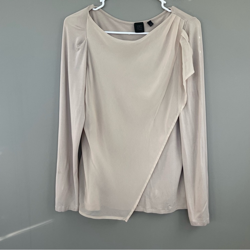Saks Fifth Avenue Tan Blouse w/Sheer Overlay L